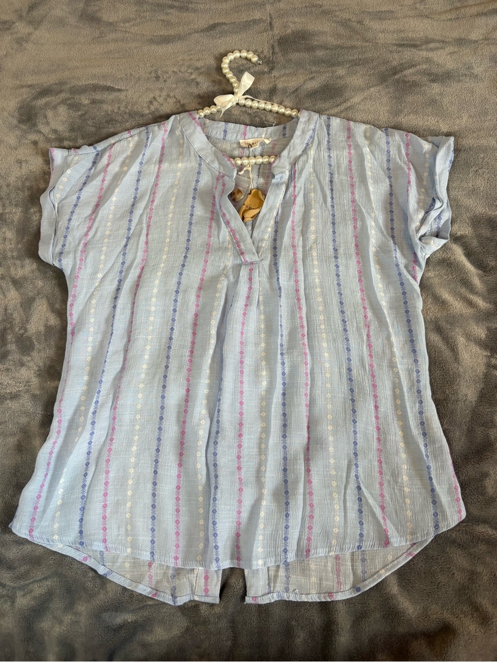 Blu Pepper Light Blue Striped Notch Neck Short Sleeve Top